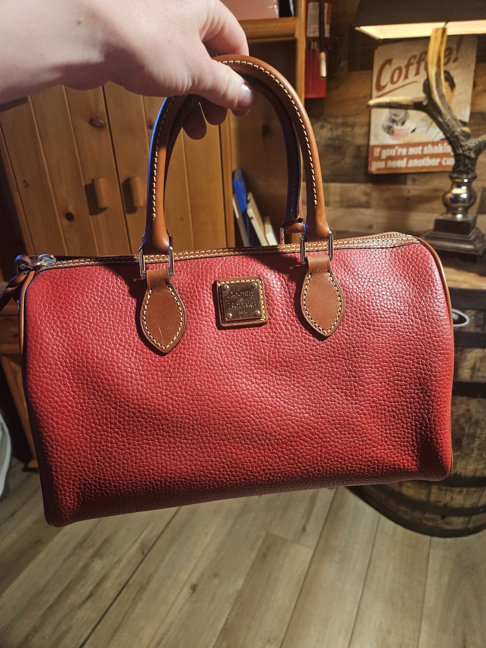 Dooney & Bourke Red Pebbled Grain Trudy  Leather Satchel with Brown Trim